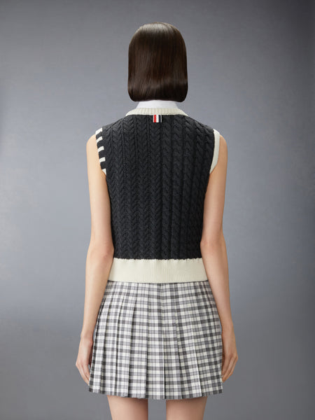 MERINO WOOL ARAN CABLE SHELL TOP DARK GREY