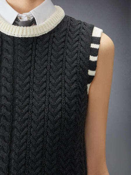 MERINO WOOL ARAN CABLE SHELL TOP DARK GREY