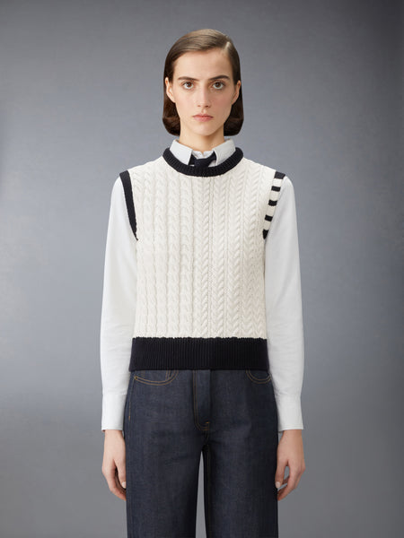MERINO WOOL ARAN CABLE SHELL TOP WHITE