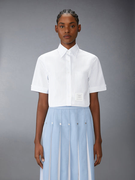 PINSTRIPE POPLIN CROPPED SHORT SLEEVE SHIRT LIGHT BLUE