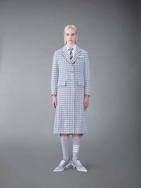 CHECK SUMMER TWEED FRAY WIDE LAPEL OVERCOAT MED GREY