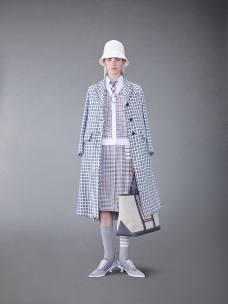 CHECK SUMMER TWEED FRAY WIDE LAPEL OVERCOAT MED GREY