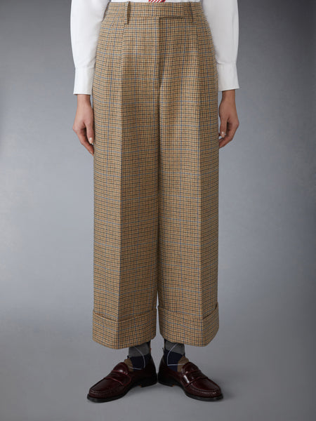 GUNCLUB CHECK CHEVIOT TWEED DOUBLE PLEAT TROUSER BROWN
