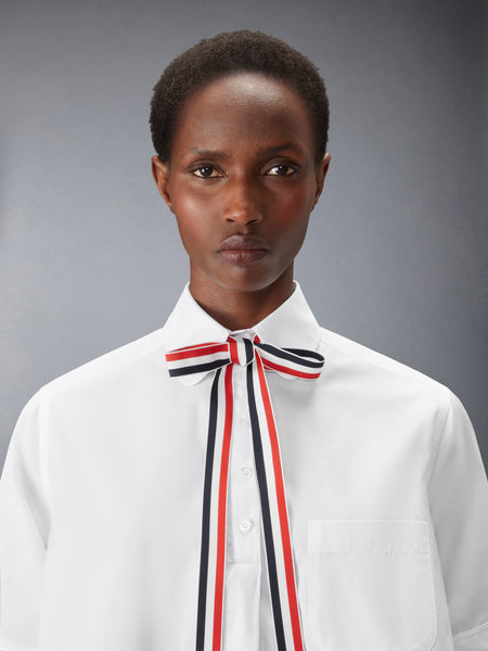 SOLID POPLIN BLOUSON WITH GROSGRAIN BOW TIE 白