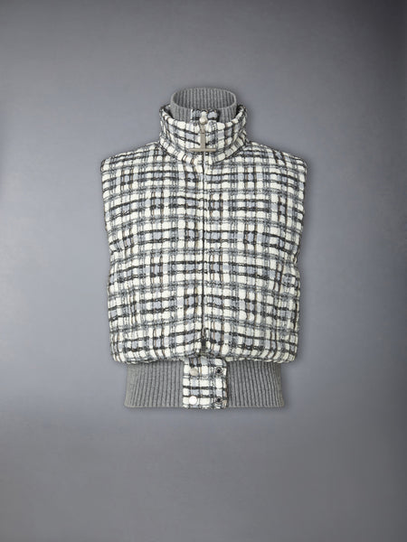 SHEER ORGANZA RIBBON TWEED CROPPED DOWN FILLED VEST WHITE