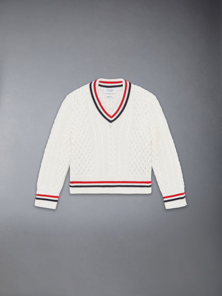 CHILDREN'S ARAN CABLE CRICKET STRIPE PULLOVER WHITE