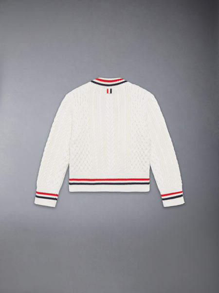 CHILDREN'S ARAN CABLE CRICKET STRIPE PULLOVER WHITE