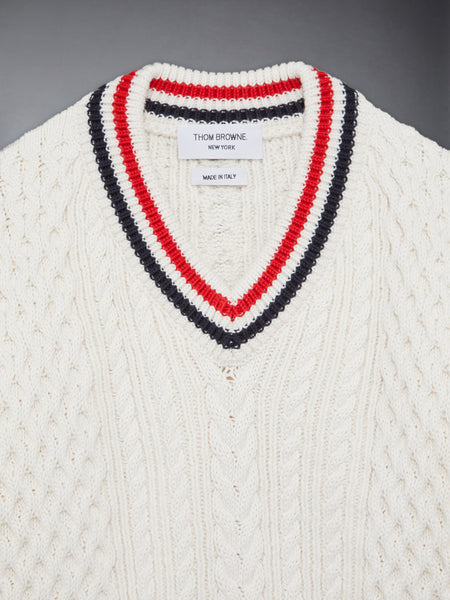 CHILDREN'S ARAN CABLE CRICKET STRIPE PULLOVER WHITE