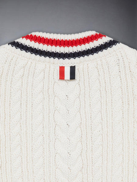 CHILDREN'S ARAN CABLE CRICKET STRIPE PULLOVER WHITE