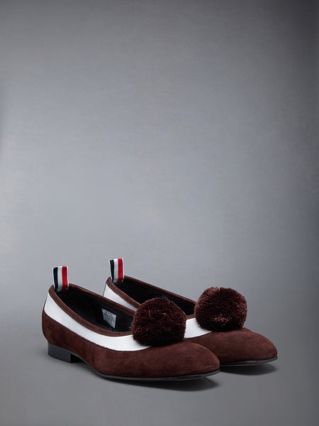 CALF SUEDE POM POM OPERA SPECTATOR BALLERINA DK BROWN /WHITE