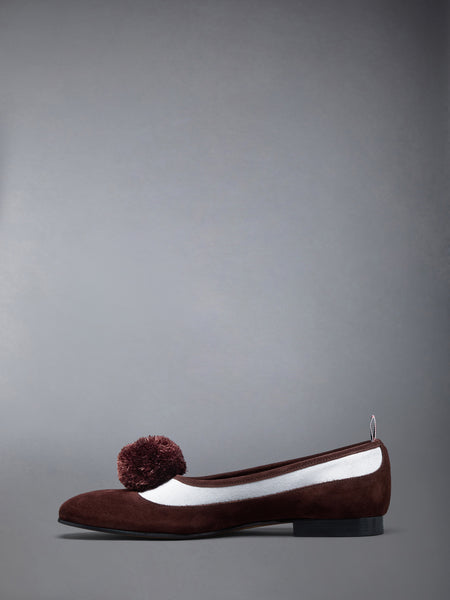 CALF SUEDE POM POM OPERA SPECTATOR BALLERINA DK BROWN /WHITE