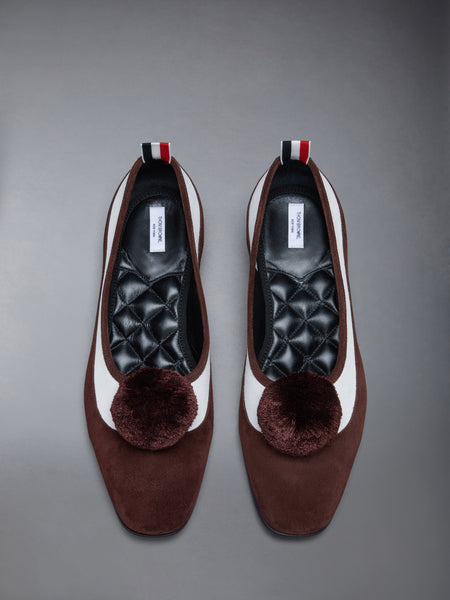 CALF SUEDE POM POM OPERA SPECTATOR BALLERINA DK BROWN /WHITE