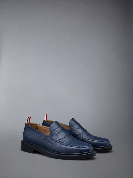 Pebble Grain Leather Rubber Sole Penny Loafer NAVY