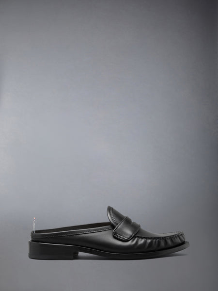 CALF LEATHER SOLE PLEATED VARSITY LOAFER MULE BLACK