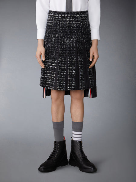 DENIM RIBBON TWEED CLASSIC RISE MIDI PLEATED SKIRT BLACK