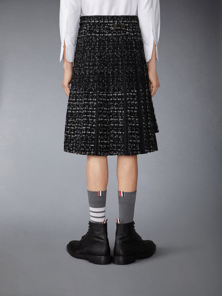 DENIM RIBBON TWEED CLASSIC RISE MIDI PLEATED SKIRT BLACK