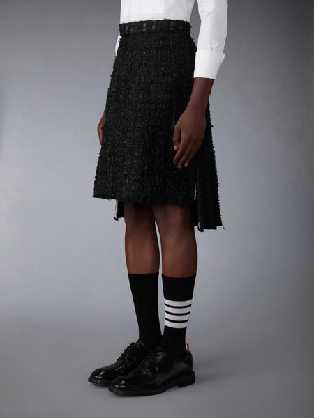 SATIN RIBBON TWEED FRAYED PLEATED SKIRT BLACK