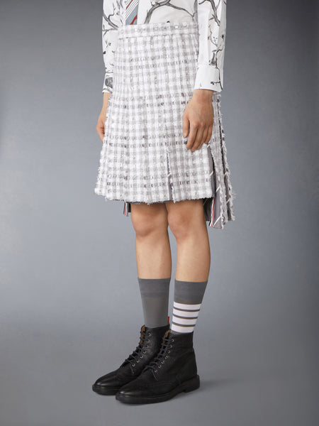 GINGHAM TWEED LOW RISE PLEATED SKIRT MED GREY