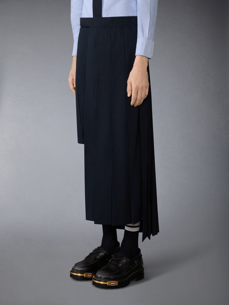 WOOL SEERSUCKER UTILITY BELT PLEATED SKIRT NAVY