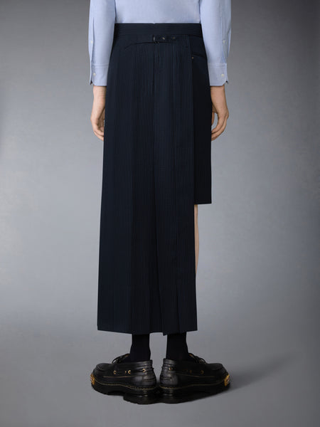 WOOL SEERSUCKER UTILITY BELT PLEATED SKIRT NAVY