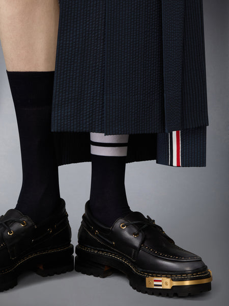 WOOL SEERSUCKER UTILITY BELT PLEATED SKIRT NAVY