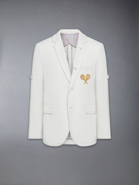 WOOL SEERSUCKER TENNIS EMBROIDERY SPORTCOAT WITH ARMBANDS WHITE