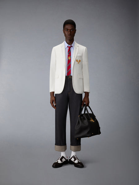 WOOL SEERSUCKER TENNIS EMBROIDERY SPORTCOAT WITH ARMBANDS WHITE