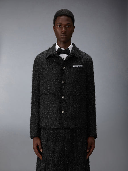 SATIN RIBBON TWEED FRAY EDGE UTILITY JACKET BLACK