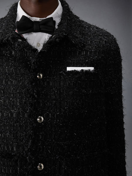 SATIN RIBBON TWEED FRAY EDGE UTILITY JACKET BLACK