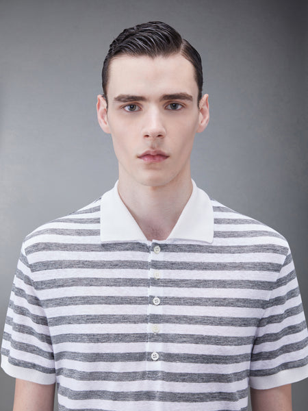 LINEN JERSEY SHORT SLEEVE STRIPED POLO LT GREY