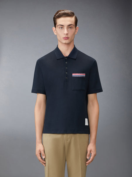 TEXTURED COTTON LINEN RWB EMBROIDERY POLO NAVY