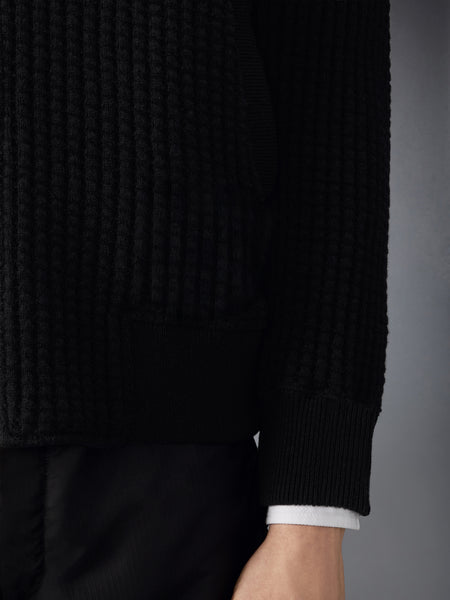 WOOL WAFFLE RAGLAN 4-BAR BOMBER JACKET BLACK