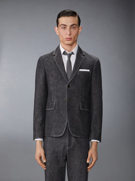 WASHED DENIM CONTRAST TOPSTITCHING UNCONSTRUCTED CLASSIC SPORT COAT BLACK