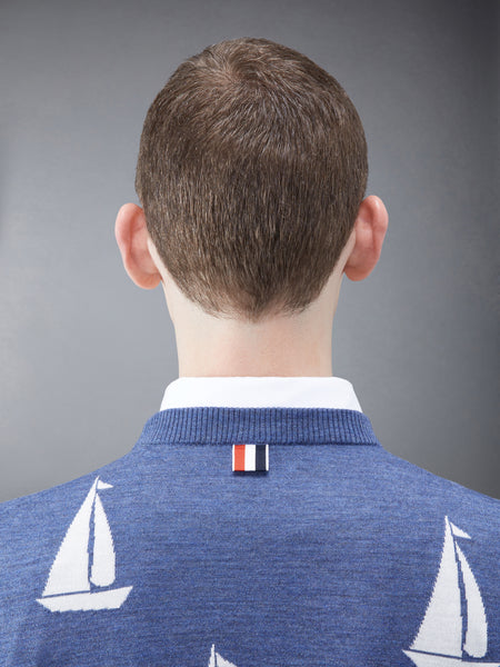 Merino Sailboat 4-bar Crew Neck Pullover NAVY