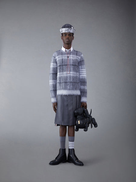 Tartan Mohair Check 4-Bar Crew Neck Pullover MED GREY