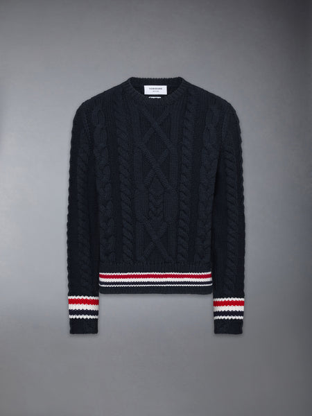 ARAN CABLE STITCH MERINO WOOL PULLOVER NAVY