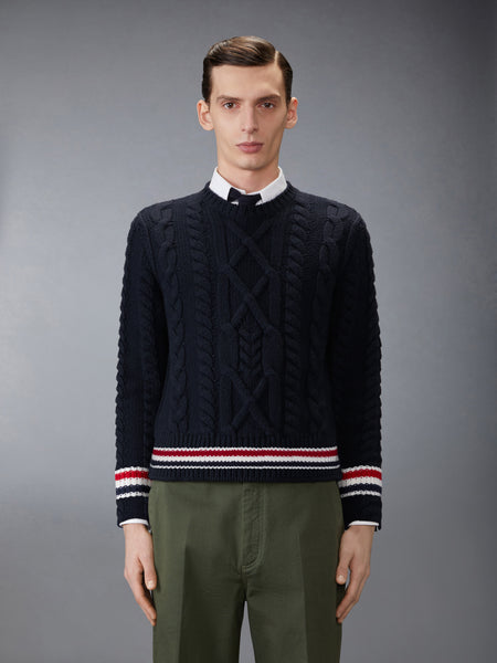 ARAN CABLE STITCH MERINO WOOL PULLOVER NAVY
