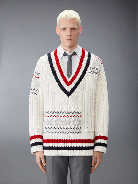 MERINO WOOL FAIR ISLE CRICKET PULLOVER WHITE