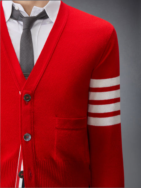 CLASSIC CASHMERE 4-BAR V-NECK CARDIGAN RED