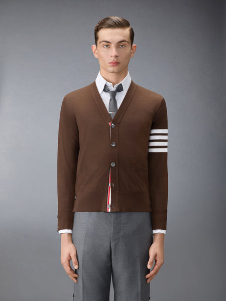 MERINO WOOL 4-BAR CLASSIC V-NECK CARDIGAN DARK BROWN