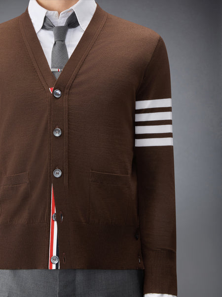 MERINO WOOL 4-BAR CLASSIC V-NECK CARDIGAN DARK BROWN