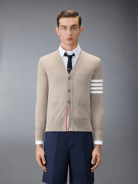 MERINO WOOL 4-BAR CLASSIC V-NECK CARDIGAN MED BROWN