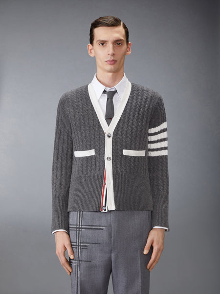 CASHMERE 4-BAR V NECK CARDIGAN MED GREY