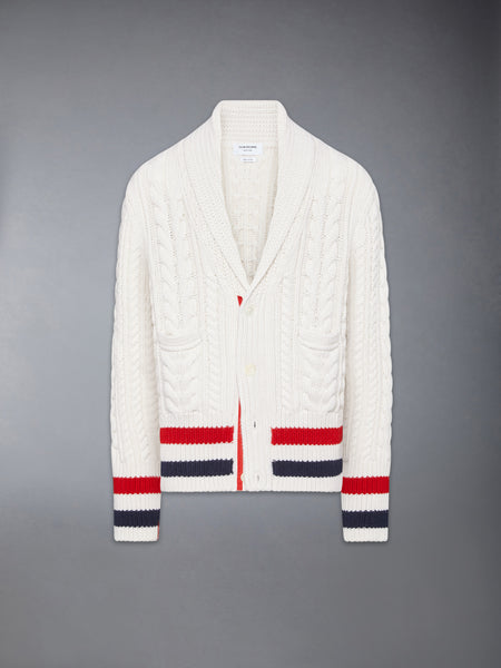 ARAN CABLE CASHMERE RWB STRIPE CARDIGAN WHITE