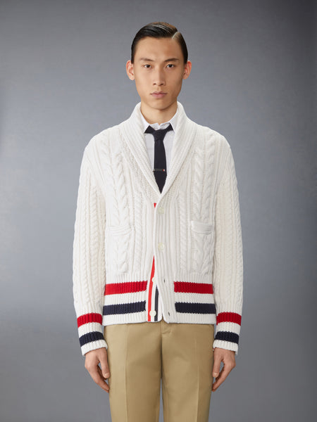 ARAN CABLE CASHMERE RWB STRIPE CARDIGAN WHITE