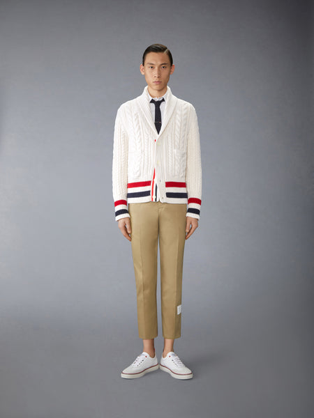 ARAN CABLE CASHMERE RWB STRIPE CARDIGAN WHITE