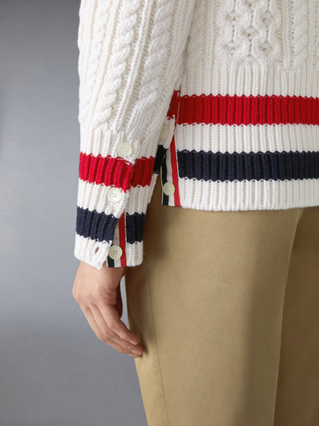ARAN CABLE CASHMERE RWB STRIPE CARDIGAN WHITE