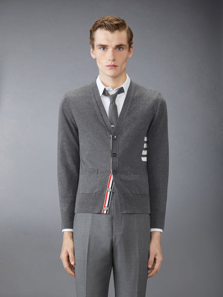 COTTON 4-BAR RELAXED FIT V NECK CARDIGAN MED GREY