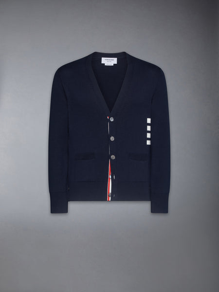 COTTON 4-BAR RELAXED FIT V NECK CARDIGAN NAVY
