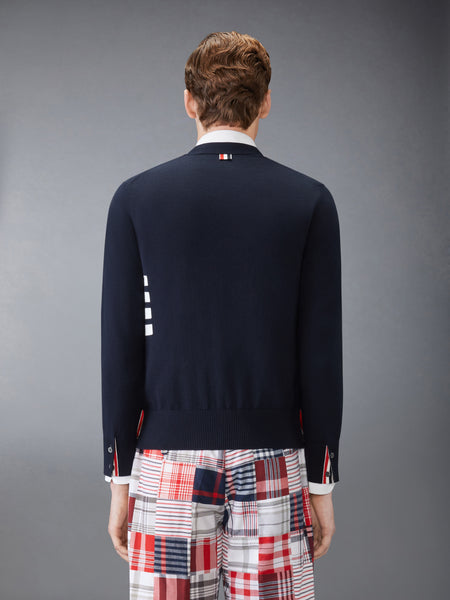 COTTON 4-BAR RELAXED FIT V NECK CARDIGAN NAVY